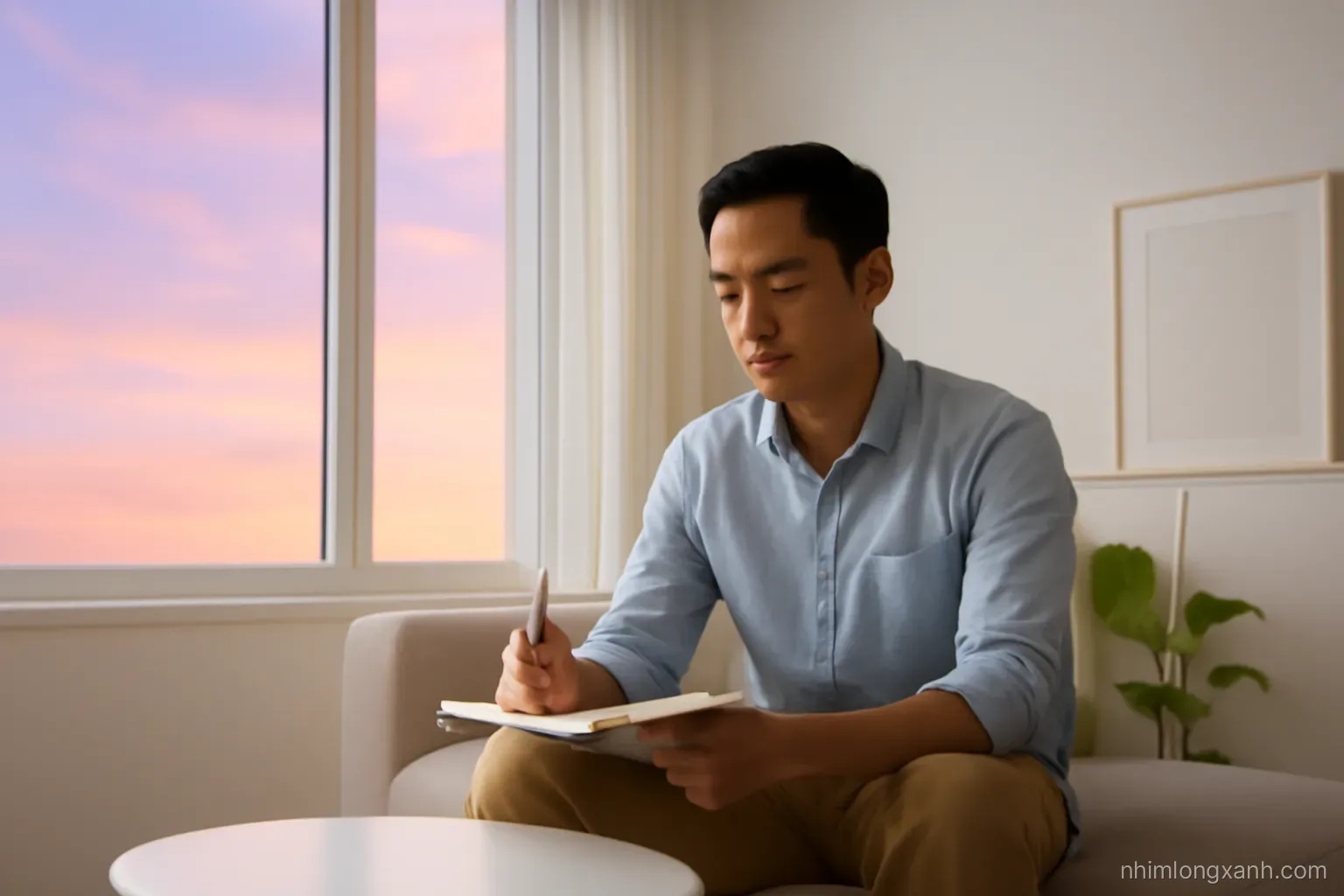 Low angle wide shot of a calm Vietnamese man in his thirties sitting by a large window at dusk writing in a notebook, soft lavender and amber light, minimalist living room