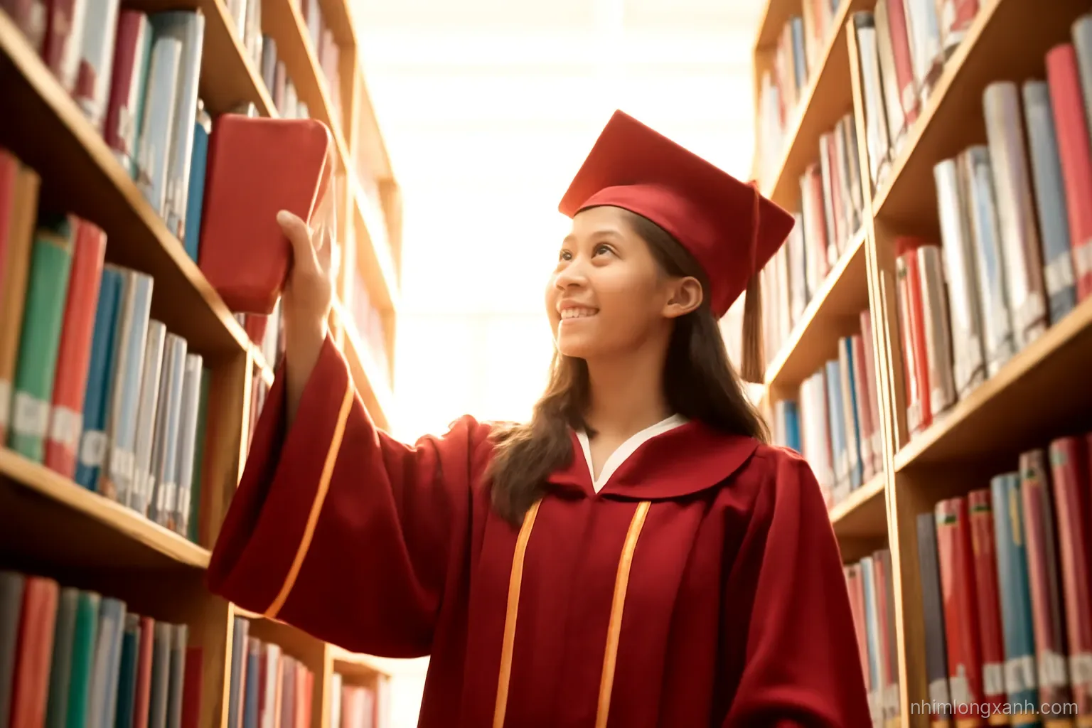 Low angle view through library shelves of a Vietnamese graduate student pulling a hardcover volume, sunlight streaming between stacks, rich burgundy and gold palette