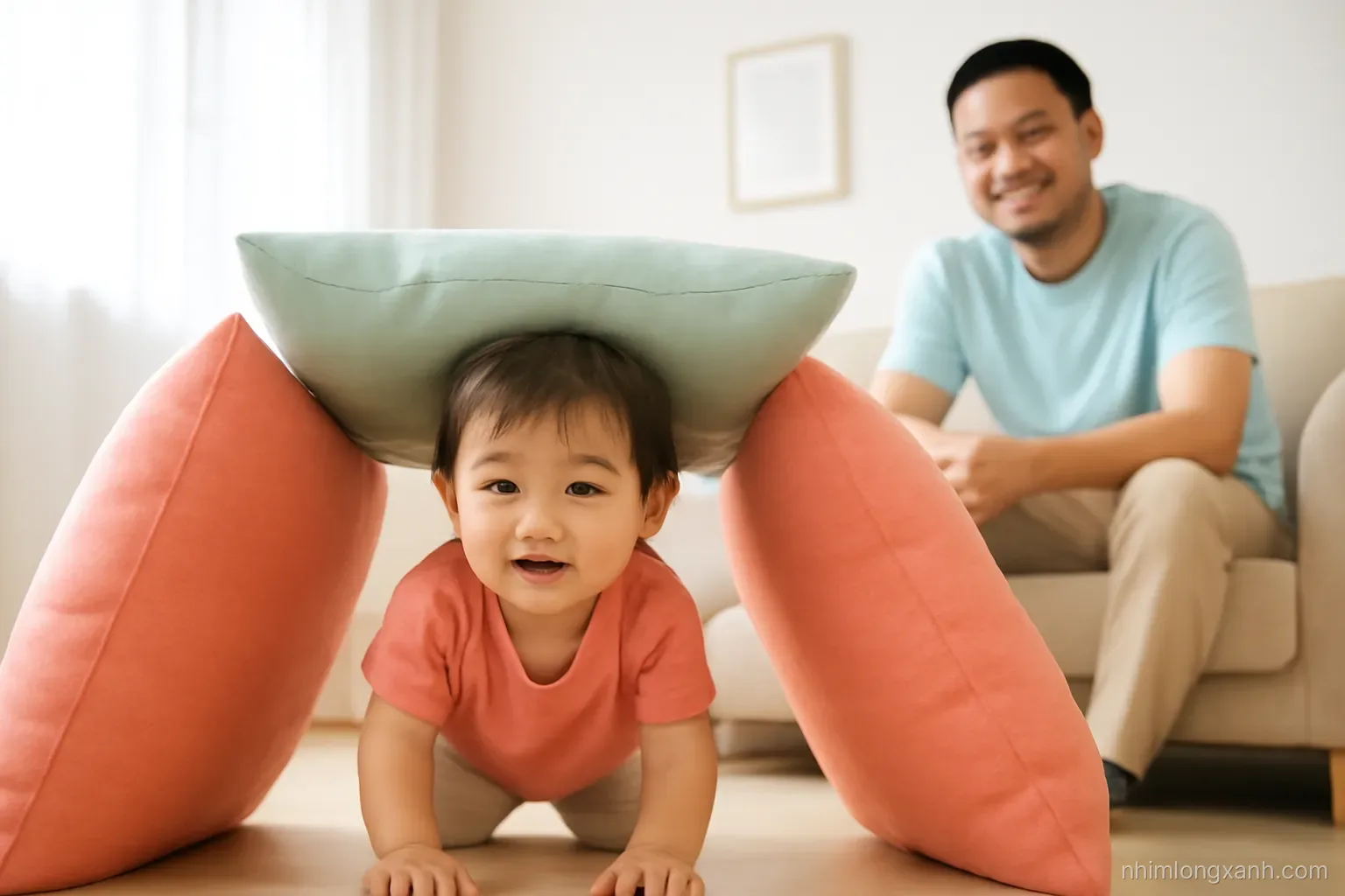 Low angle shot of a Vietnamese toddler crawling through a tunnel of sofa cushions in a small bright apartment living room, father smiling nearby, soft morning light, coral and mint colors