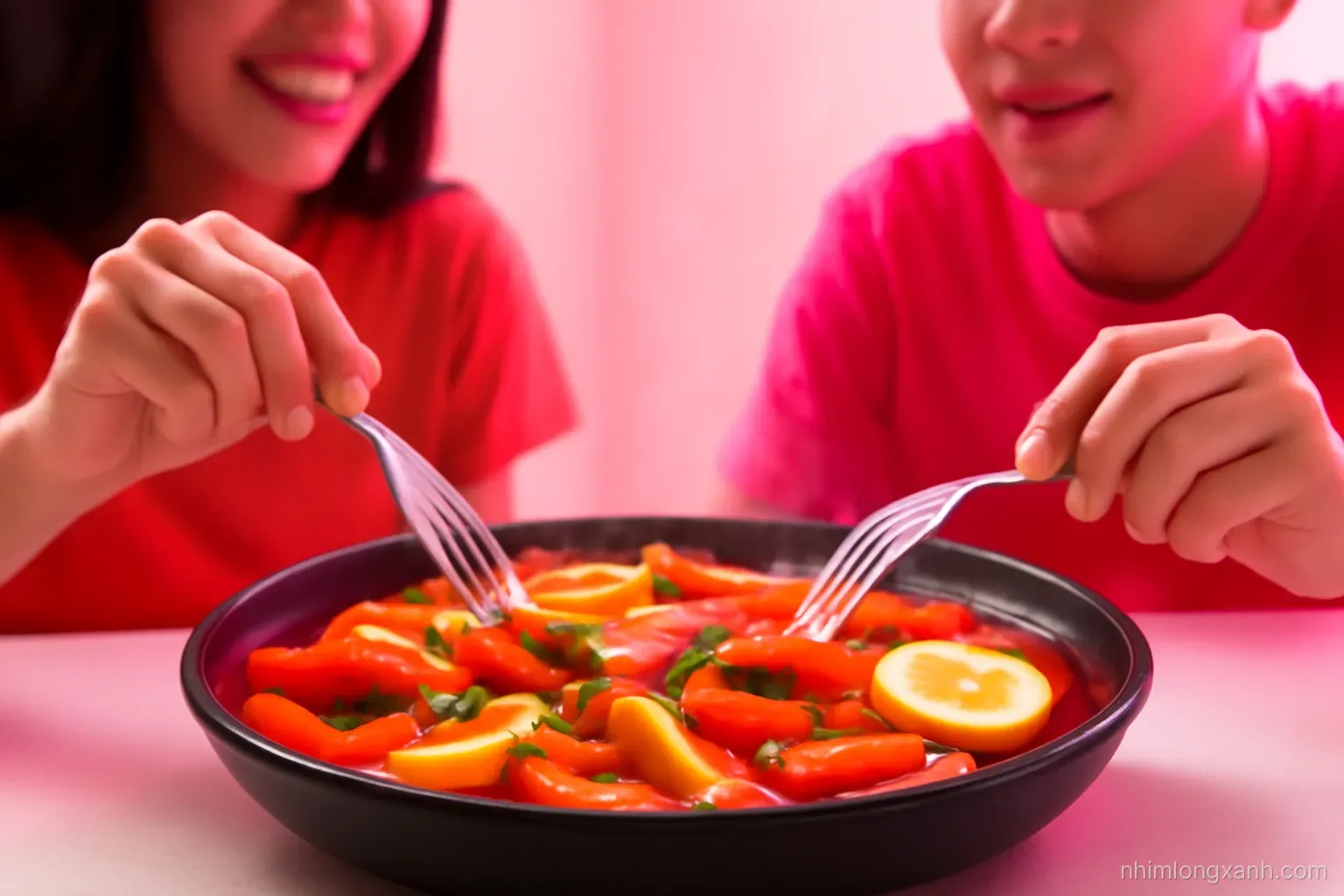 Close-up of a shallow black pan of bright red tteokbokki with fish cakes, boiled eggs and green onion, steam rising, two Vietnamese teenagers reaching with forks, vivid neon pink and red lighting