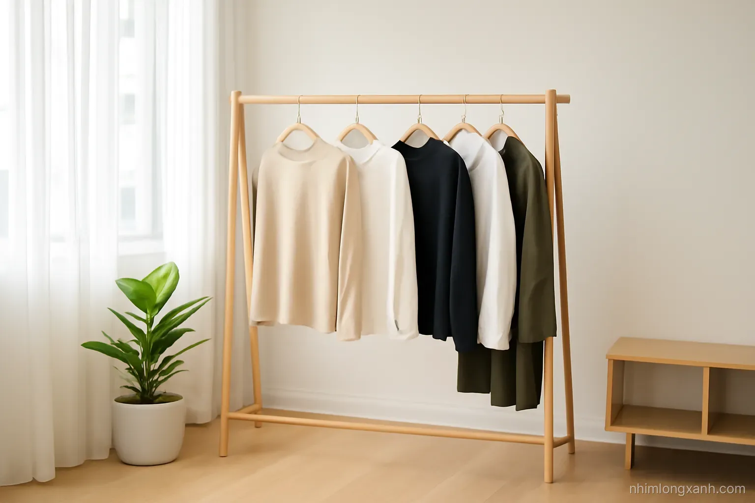 Wide shot of a tidy open wooden rail with neatly spaced beige, white, navy and olive garments in a sunlit Vietnamese apartment, airy composition, calm neutral palette, eye level