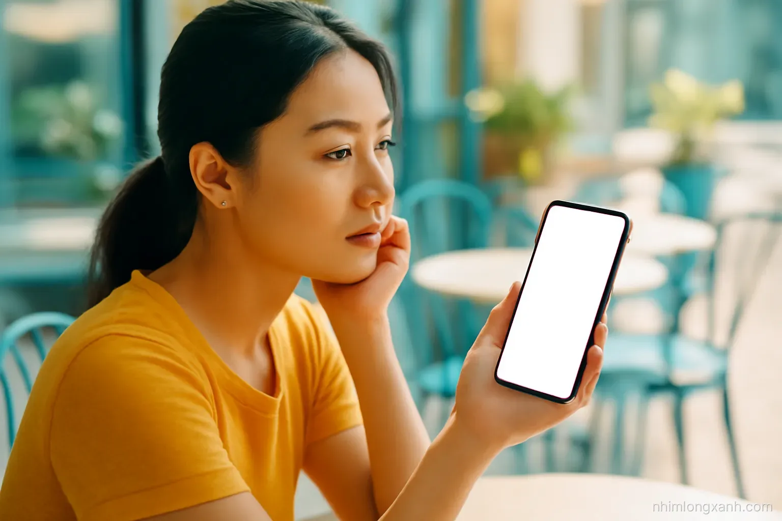 Close-up over-the-shoulder view of a young Vietnamese woman on a sunlit cafe terrace holding a smartphone with a blank glowing display, thoughtful expression, teal and warm yellow tones