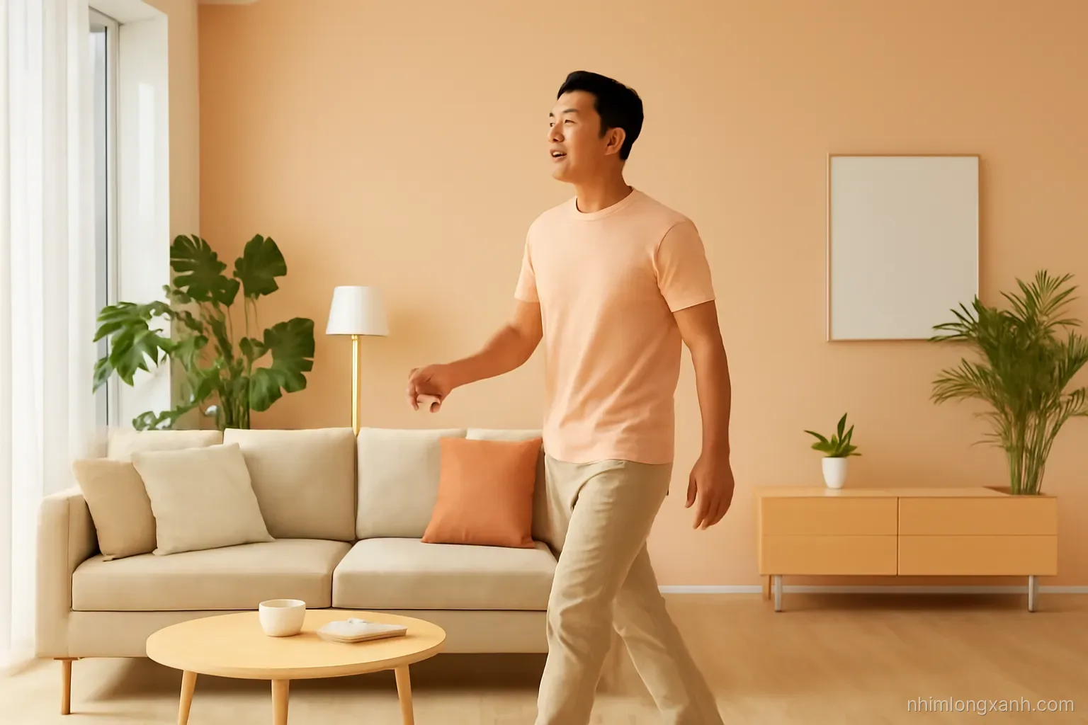 Wide shot of a Vietnamese man in his thirties talking aloud to himself while walking around a sunny modern living room with plants, wireless earbuds, warm peach palette