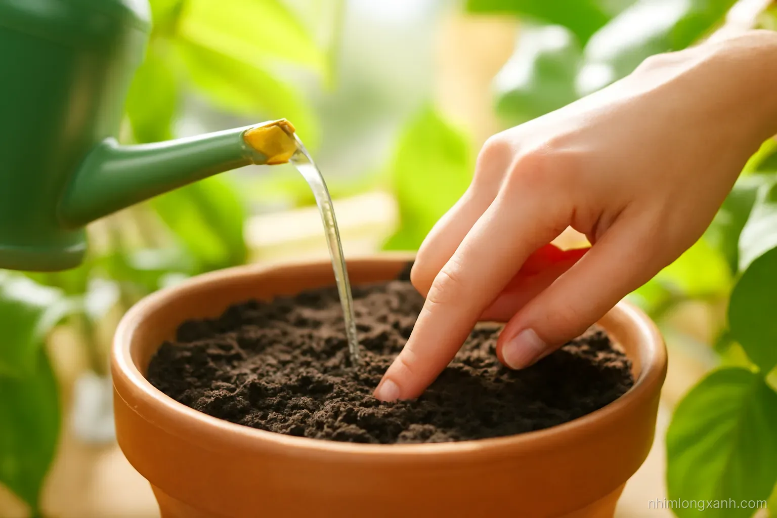 Close-up of a hand pressing a finger into dark moist soil in a terracotta pot, a watering can spout pouring gently nearby, warm morning sunlight, green leaves around