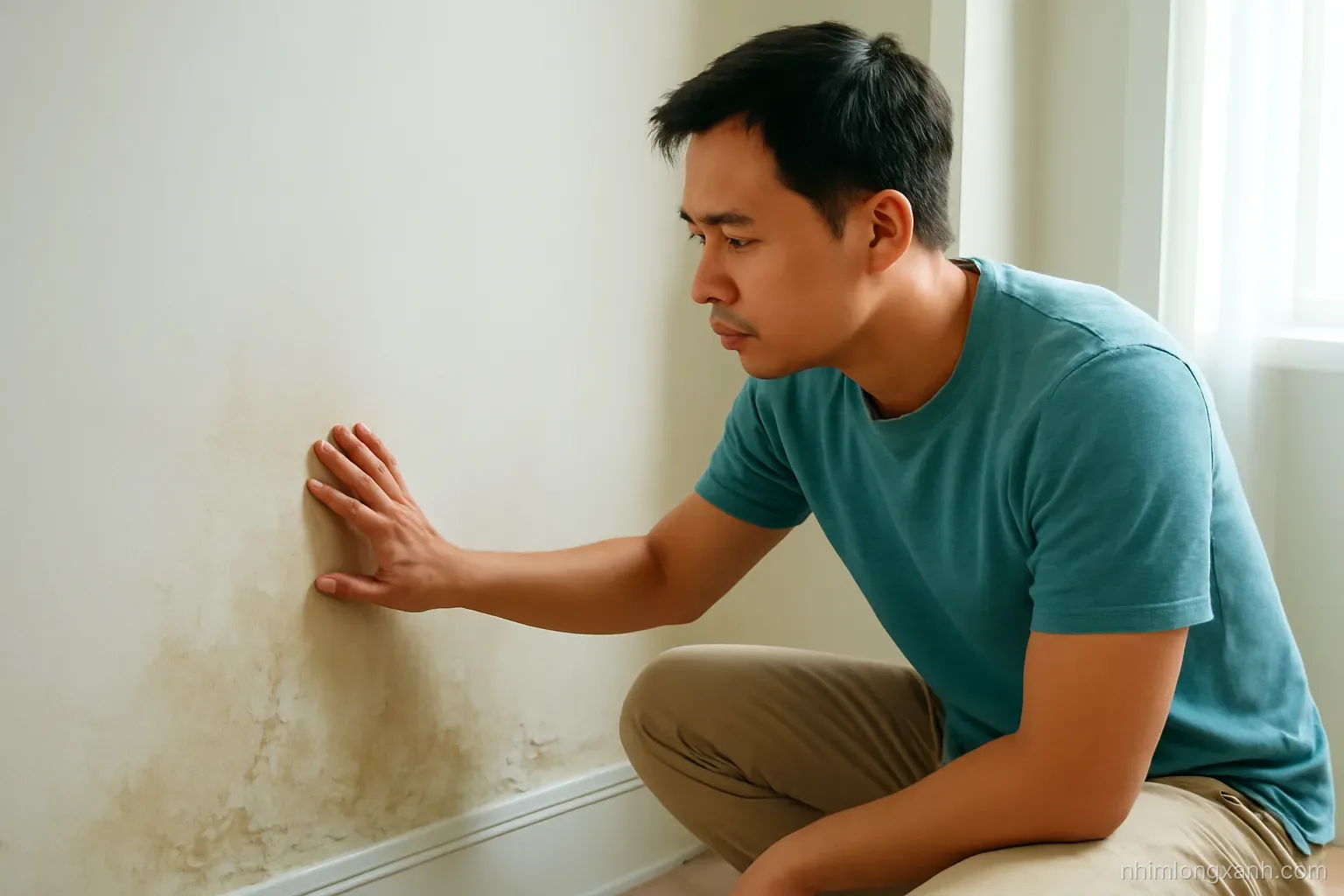 Vietnamese homeowner in casual clothes running his palm over a peeling, damp-stained pale wall near the floor, close-up from side angle, soft window light, muted beige and teal tones