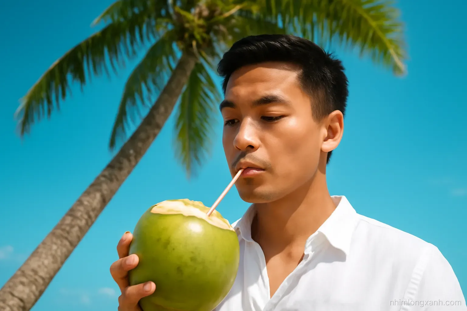 Close-up of a Vietnamese man sipping from a fresh green coconut with a bamboo straw under a leaning coconut palm, bright midday sun, vivid green and turquoise sky