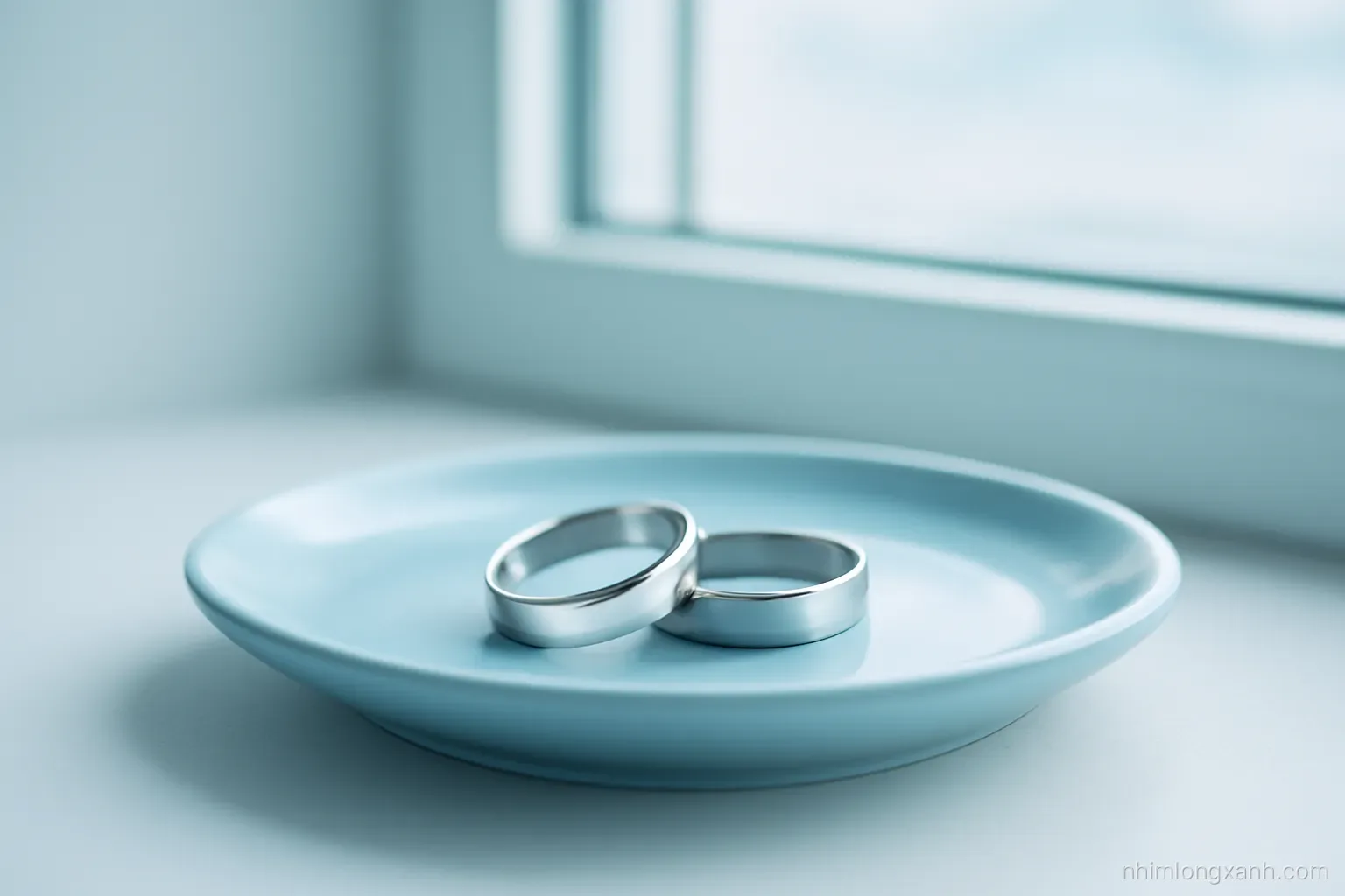 Low angle close-up of two wedding bands, one bright white and one soft grey, resting on a pale blue ceramic dish beside a window, cool morning light, silver and sky tones