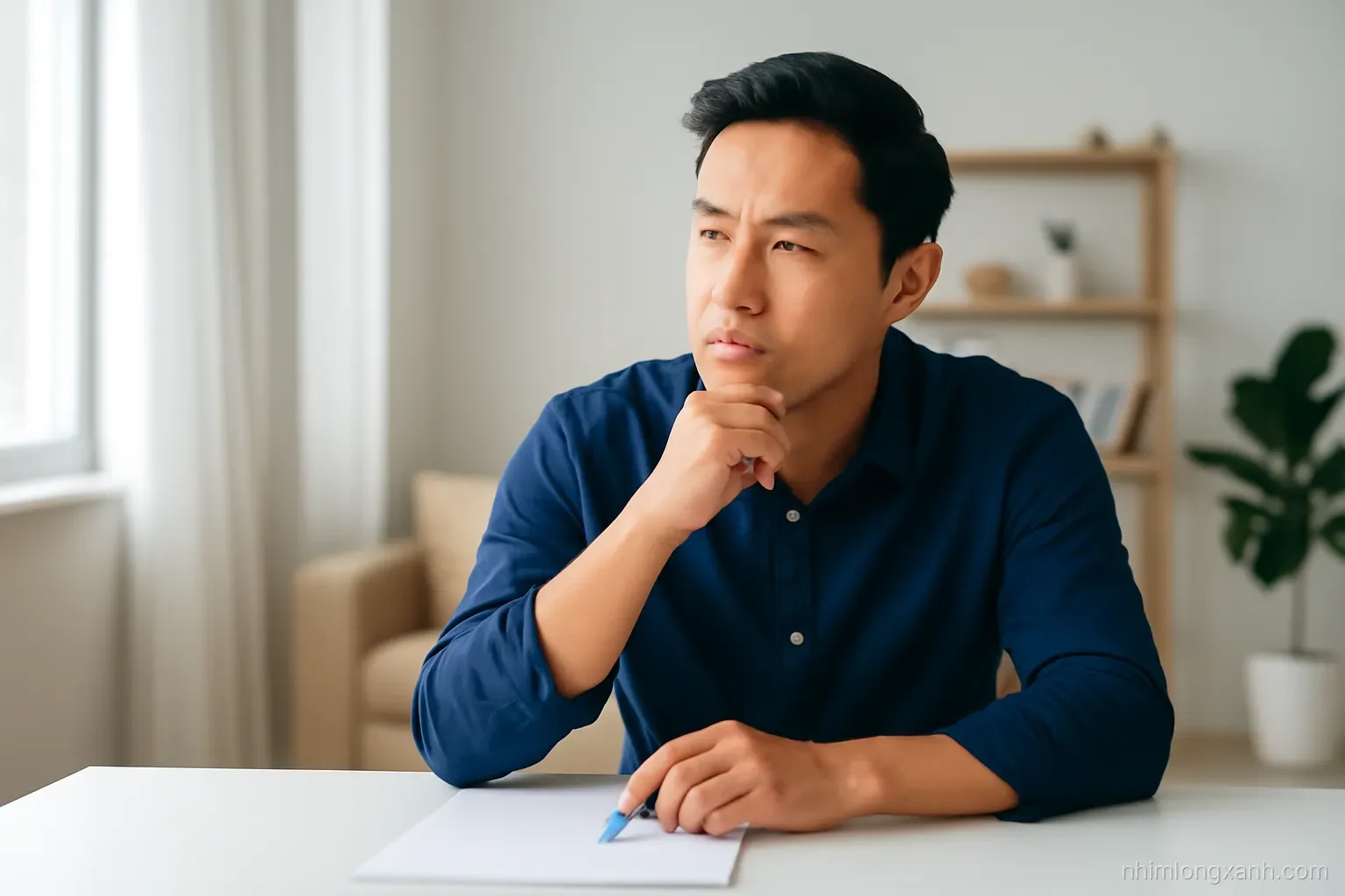 Medium shot of a thoughtful Vietnamese man in a bright modern apartment holding a pen above a blank contract on a white desk, cool daylight, navy and warm beige palette