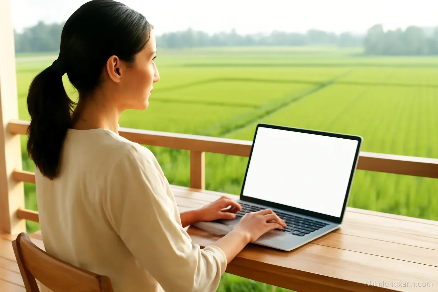 Over-the-shoulder shot of a Vietnamese woman in her thirties working on a laptop on a wooden veranda facing rice fields, blank glowing laptop display, soft morning light, fresh green and cream tones