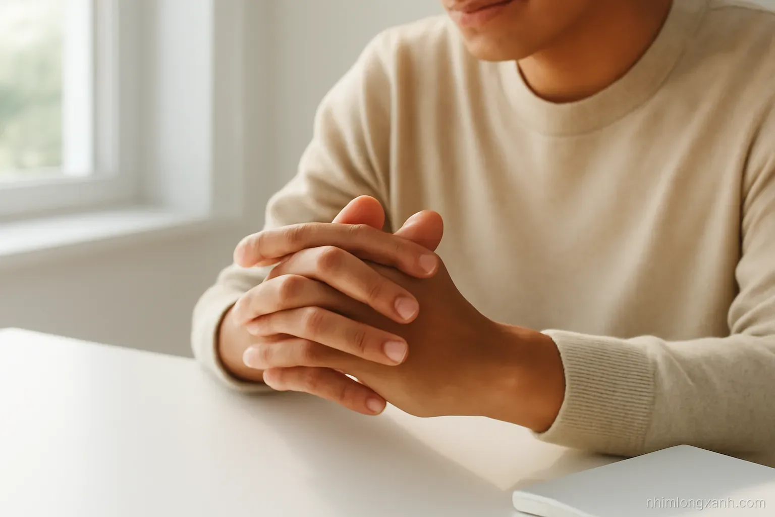 Close-up of a Vietnamese man's hands interlocking fingers and stretching over a white desk near a sunlit window, minimal clean composition, soft beige and light wood tones