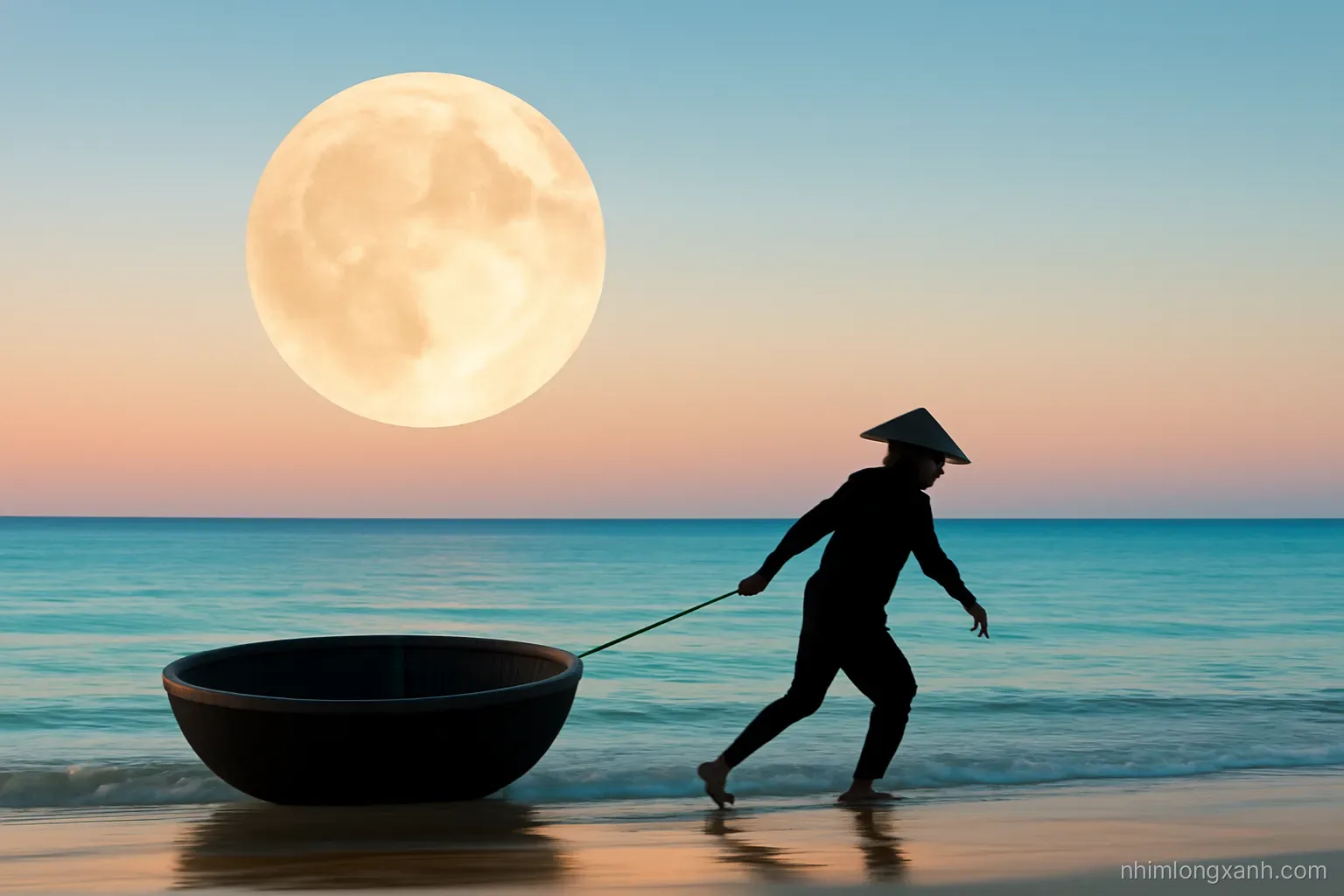 Silhouette of a Vietnamese fisherman pulling a small round basket boat at a calm beach under a huge rising full moon, teal water, peach horizon, wide shot