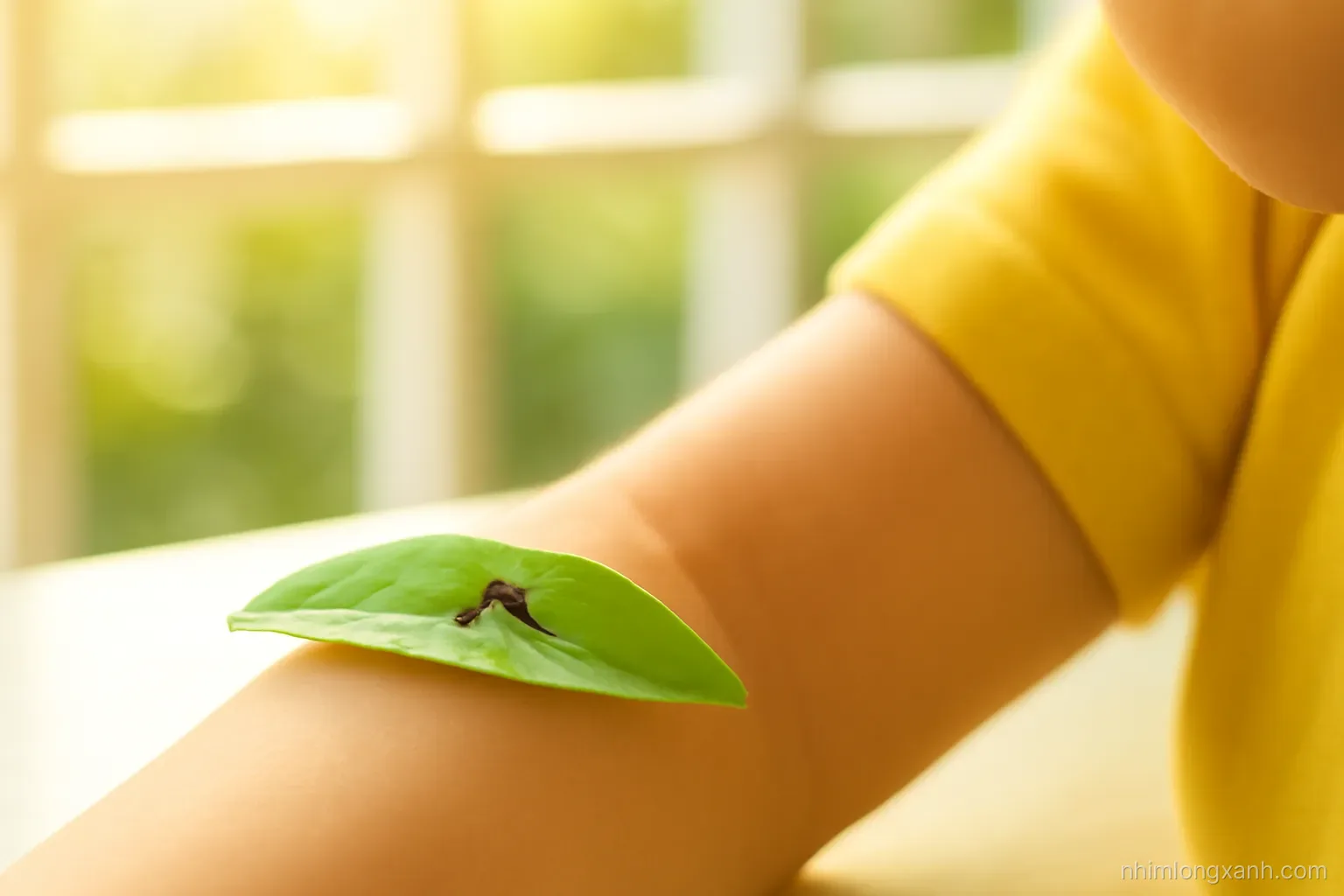 Macro close-up of a tiny mosquito resting on a fresh green leaf beside a Vietnamese child's forearm on a bright balcony, morning backlight, lime and warm yellow tones