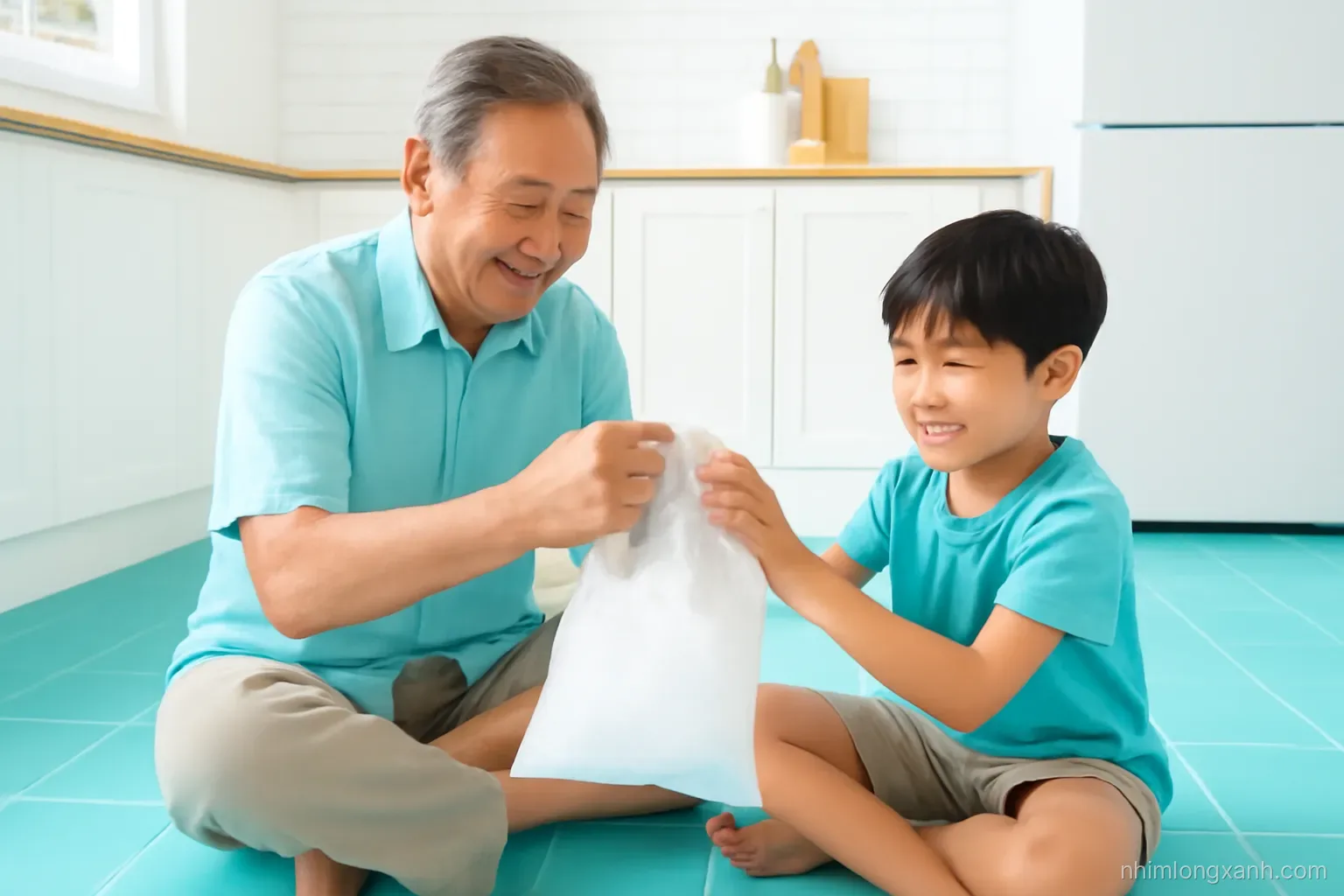 High angle shot of a Vietnamese grandfather and grandson sitting on a sunny tiled kitchen floor shaking a bag of ice and salt to make homemade ice cream, bright aqua and white tones
