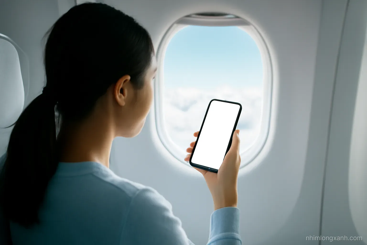 Over-the-shoulder view of a Vietnamese woman at an airplane window seat holding a phone with a blank glowing screen, fluffy clouds outside, soft morning light, white and sky blue tones