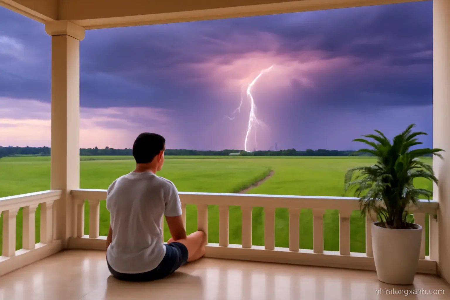 Wide shot from a covered Vietnamese porch at dusk, a teenager watching a distant lightning bolt over green rice fields under purple storm clouds, dramatic yet bright tones