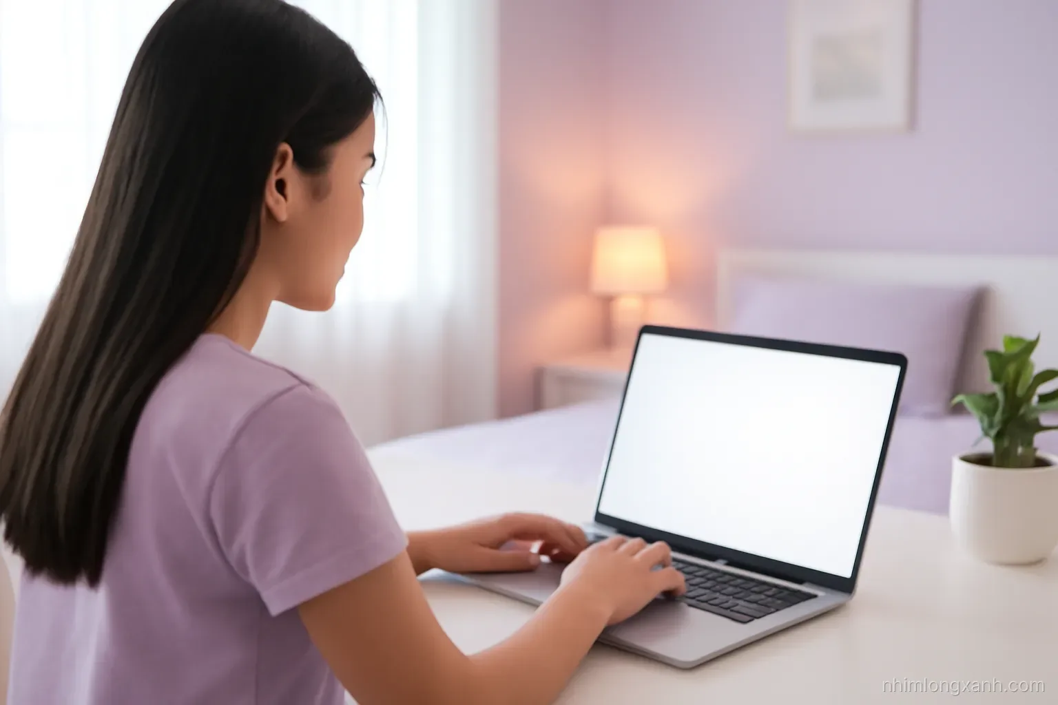 Over-the-shoulder view of a Vietnamese teenage girl typing on a laptop with a blank glowing screen in a cozy bedroom, soft lavender and warm white lighting