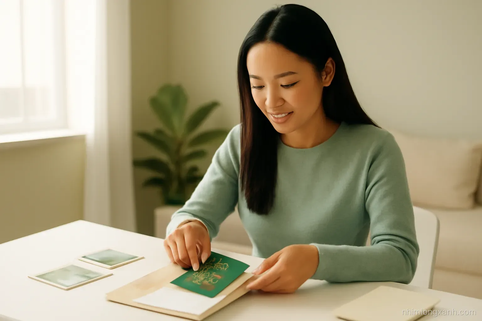 Medium shot of a Vietnamese woman in a bright minimalist room arranging a passport and photos into a neat folder at a white desk, warm morning light, sage green and cream palette