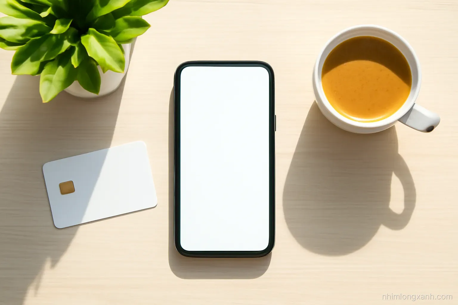 Top-down flat lay of a smartphone with a blank glowing screen, a chip identity card shape face down, coffee cup and green plant on a pale wooden table, bright morning light