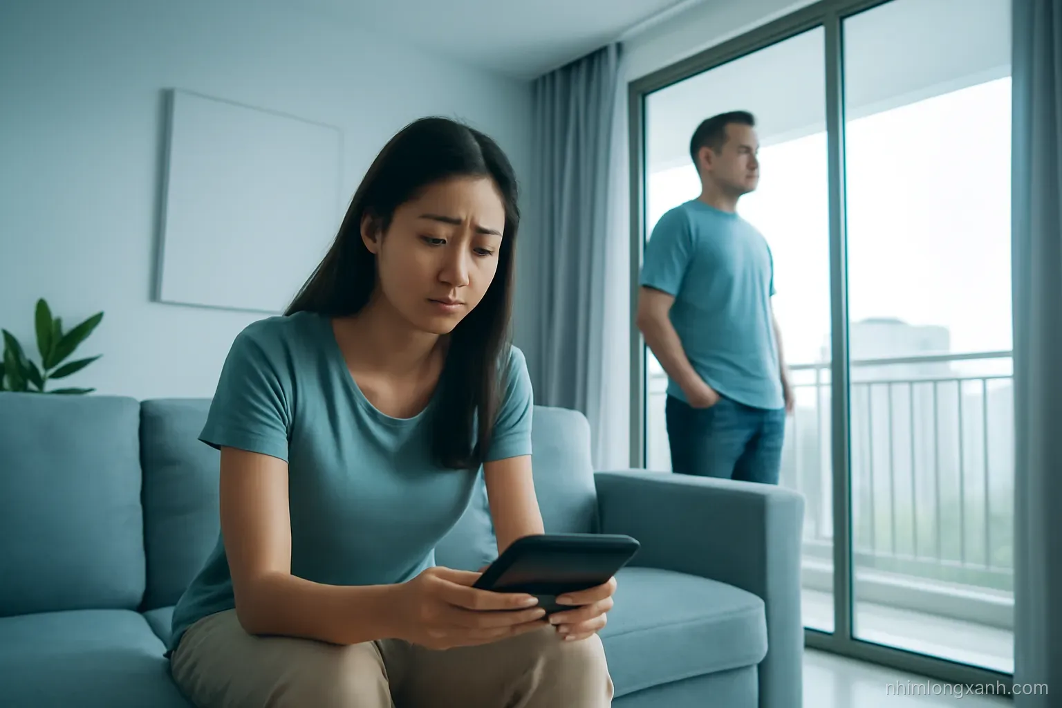 Worried Vietnamese wife sitting on a sofa holding a calculator, husband standing by the balcony door, low angle wide shot, cool grey and teal tones, soft evening light