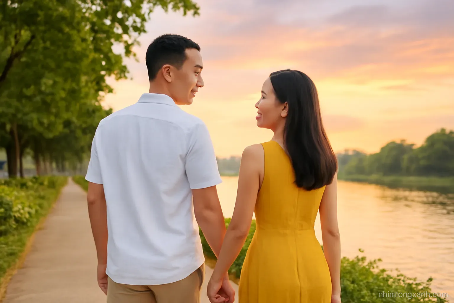 Rear view medium shot of a Vietnamese couple in their thirties strolling hand in hand along a leafy riverside path at sunset, heads turned toward each other, orange and lavender sky