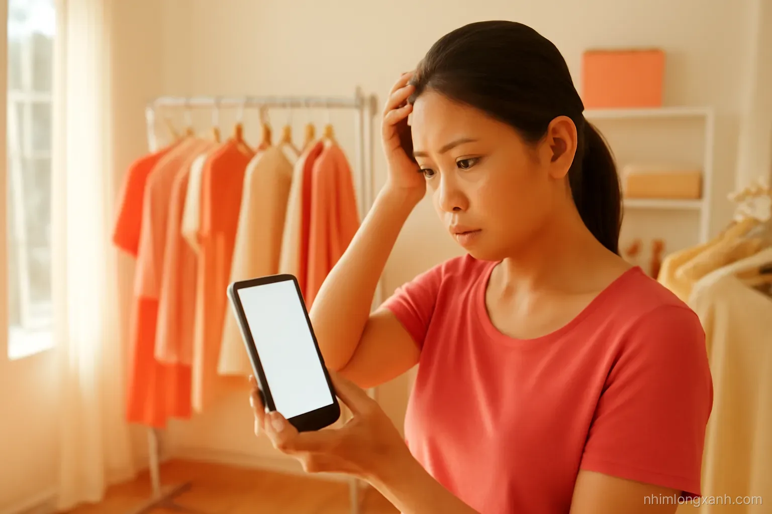 Over-the-shoulder shot of a focused Vietnamese shop owner holding a smartphone with a blank glowing screen in a small clothing store, warm afternoon light, coral and cream palette