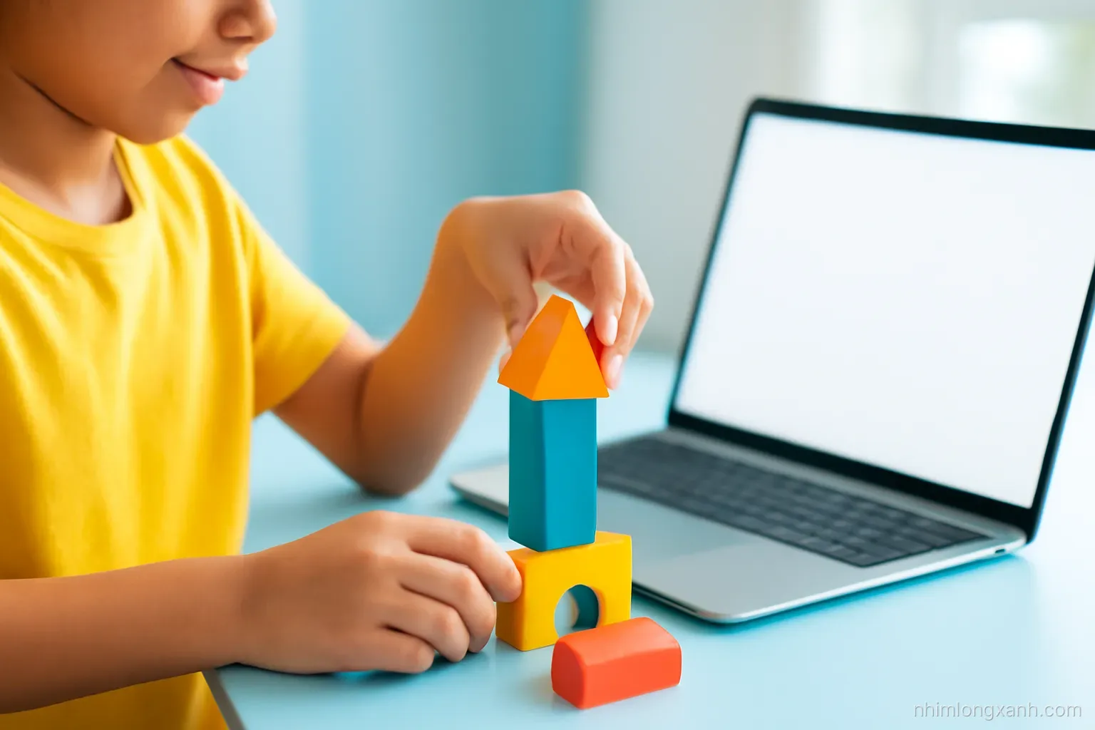 Macro close-up of hands of a Vietnamese student arranging colorful wooden building blocks next to a laptop with a blank glowing screen, cheerful yellow and blue palette, shallow depth of field