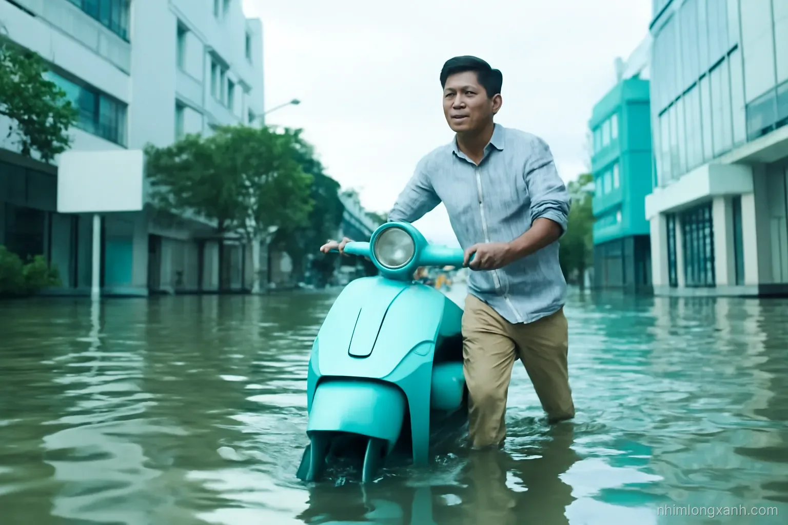Low angle wide shot of a Vietnamese man pushing a scooter through knee-deep floodwater on a city street after rain, overcast bright sky, reflections, cool blue and green palette