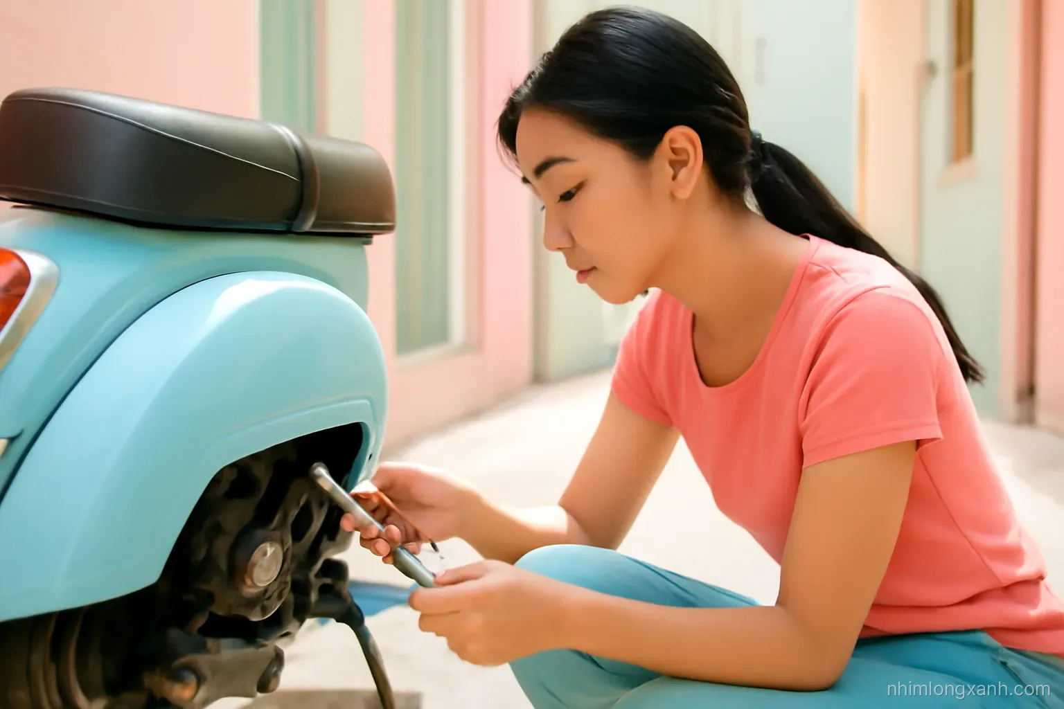 Close-up side view of a young Vietnamese woman crouching beside a parked scooter in a sunny alley, pulling out a spark plug with a tool, pastel walls, soft pink and mint tones