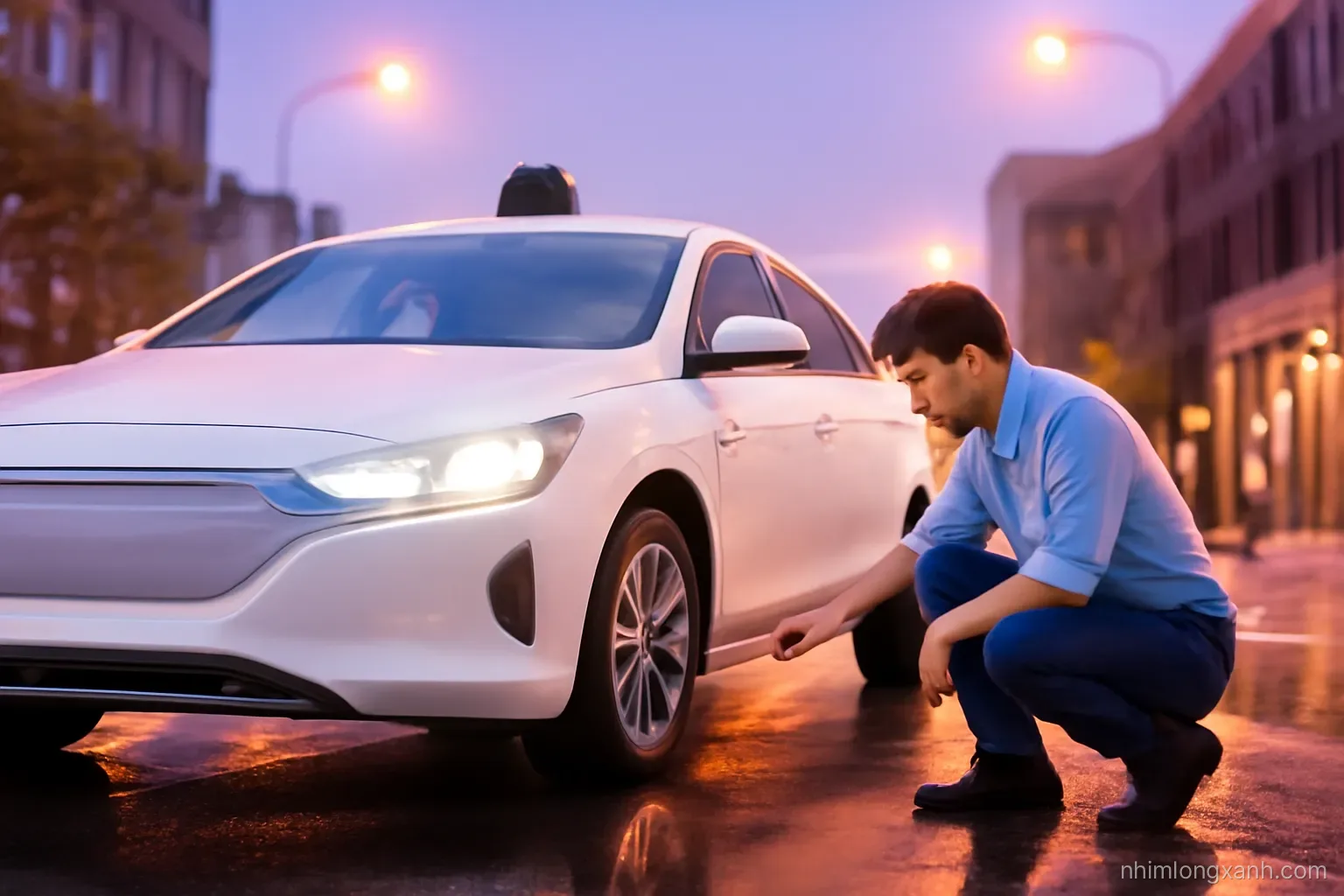 Low angle view of a white test car with a small rooftop sensor dome parked at dusk on a wet city street, reflections of streetlights, Vietnamese engineer kneeling beside wheel, violet and amber tones